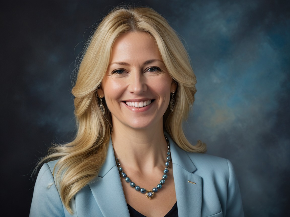 Woman in blue blazer with turquoise necklace smiling