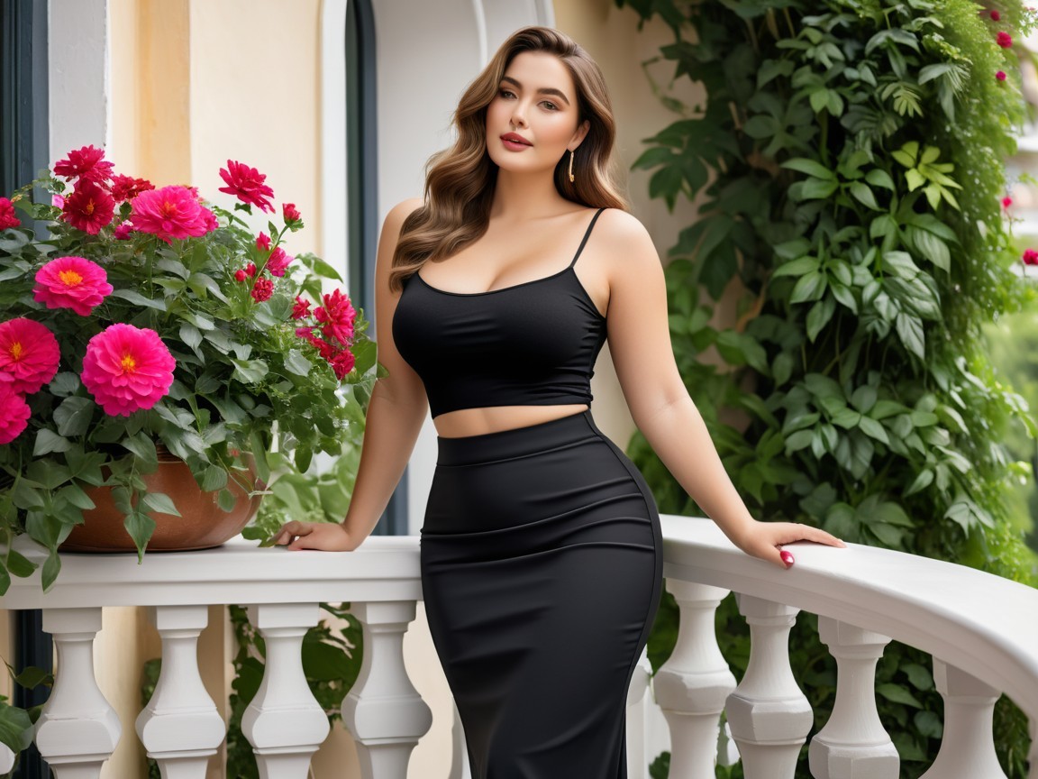 Woman in stylish outfit by a vibrant flower garden