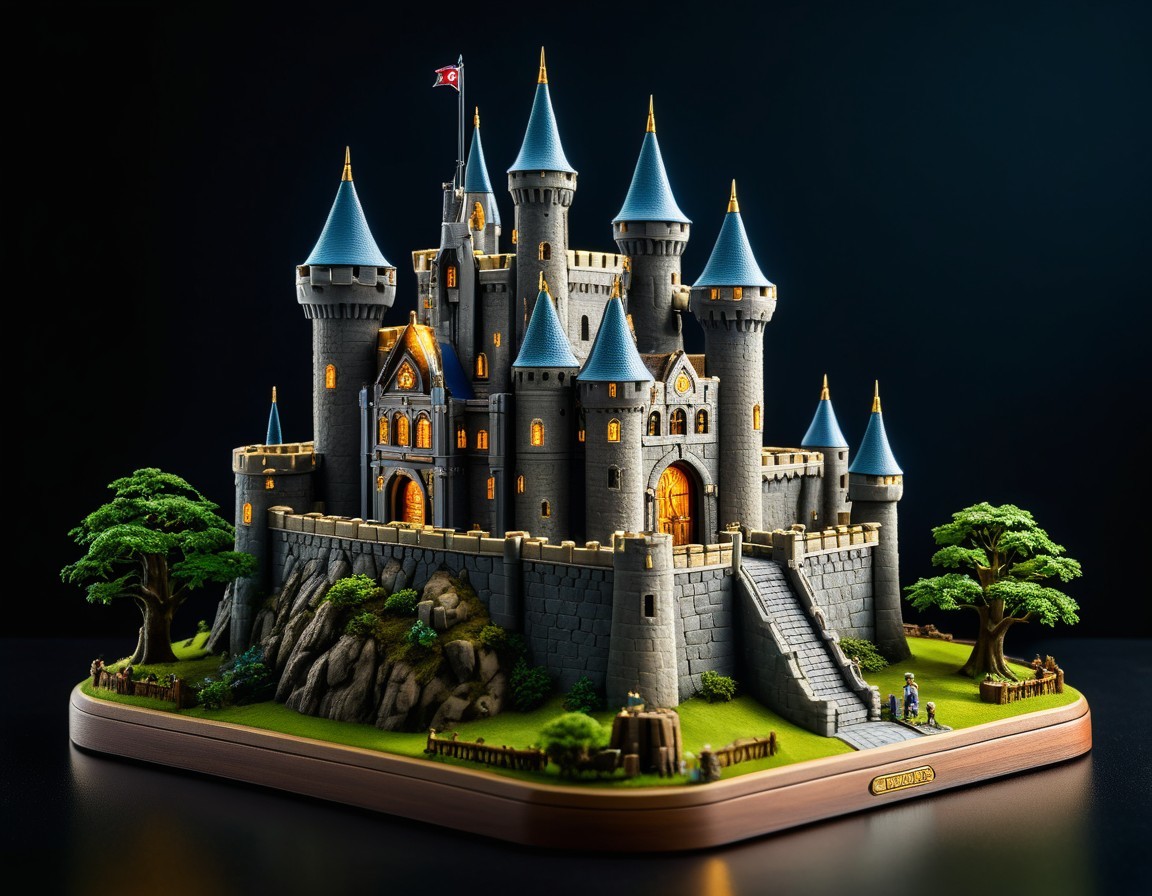 Detailed Model of a Medieval Castle with Towers and Gardens