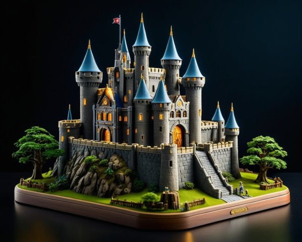 Detailed Model of a Medieval Castle with Towers and Gardens