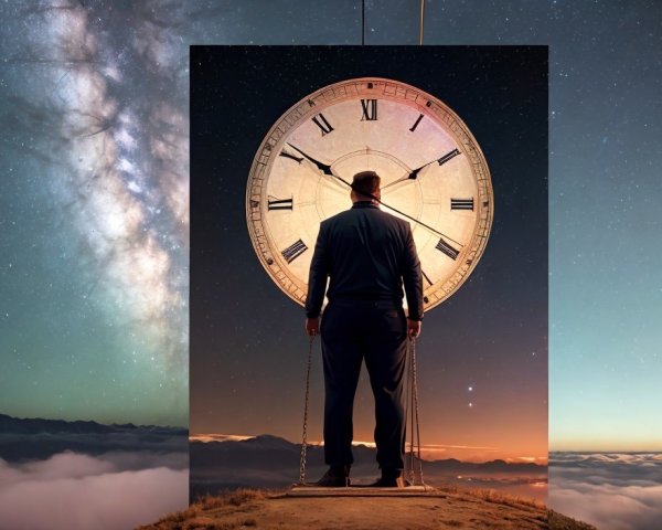Conductor in uniform gazes at pendulum clock under starry sky