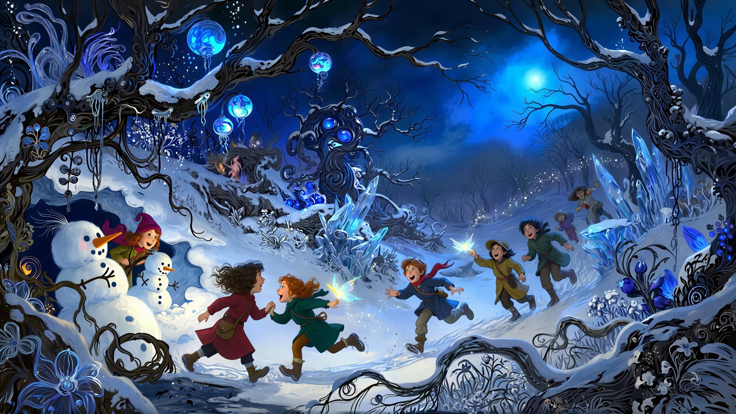 Children Playing in a Snowy Forest at Night