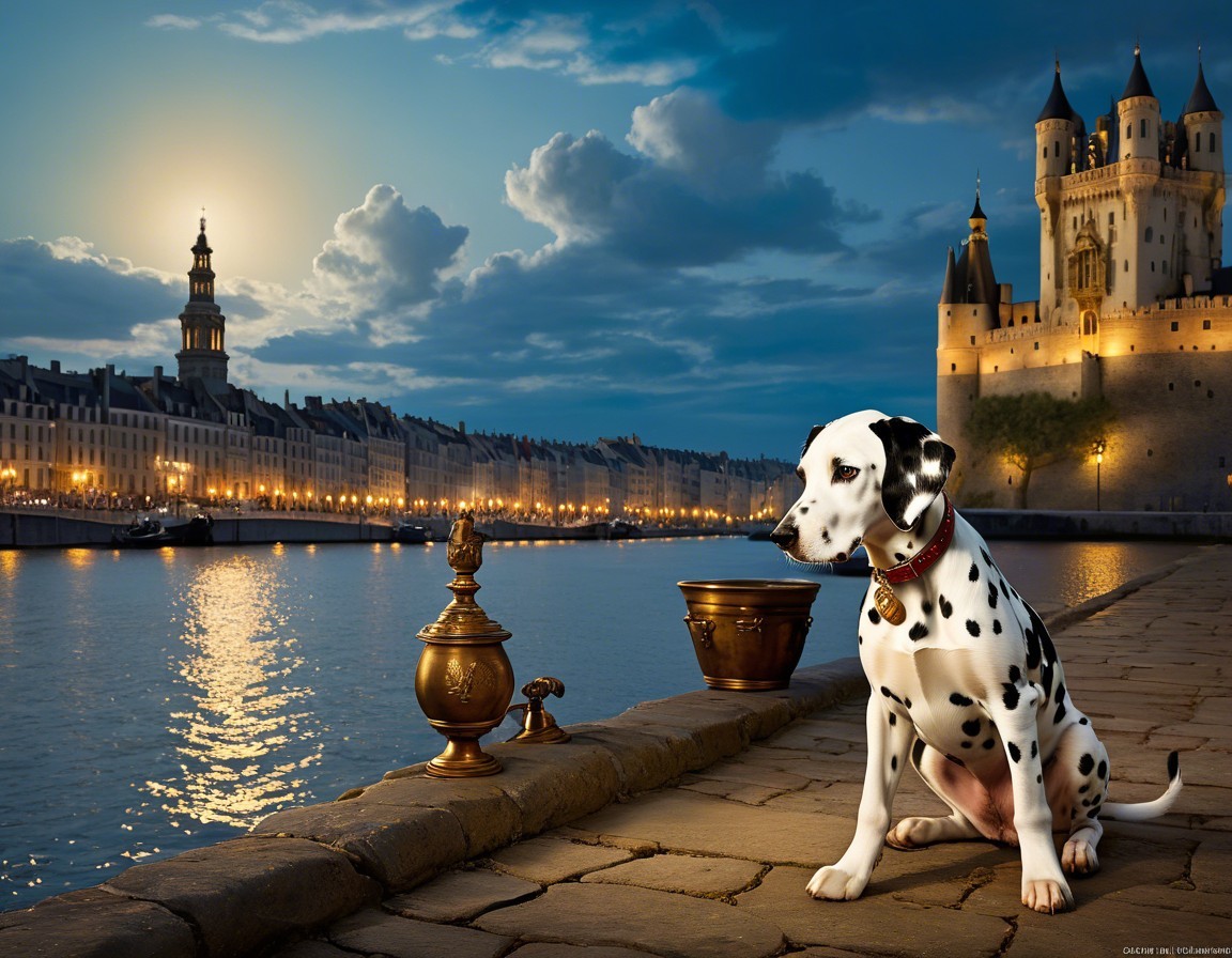 Dalmatian by Riverside with Medieval Castle at Dusk