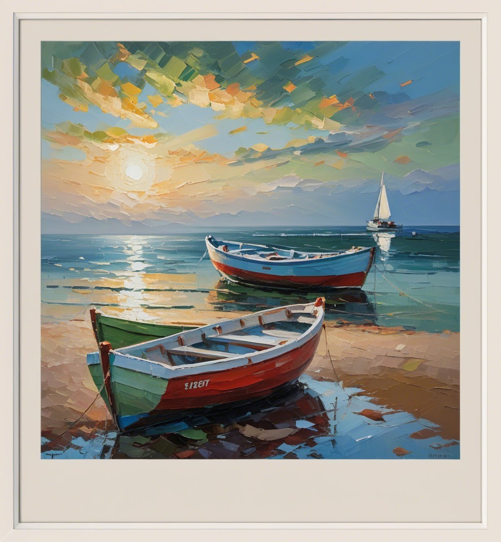Coastal Scene with Boats and Colorful Sunset Clouds