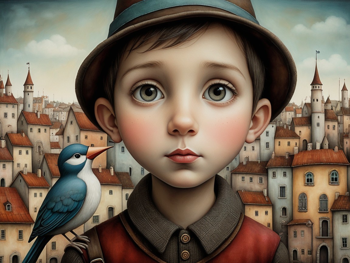 Young Boy with Blue Bird in Whimsical Village Scene