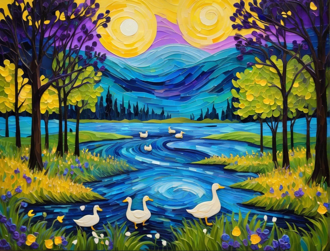 Vibrant Landscape with River, Two Suns, and Ducks