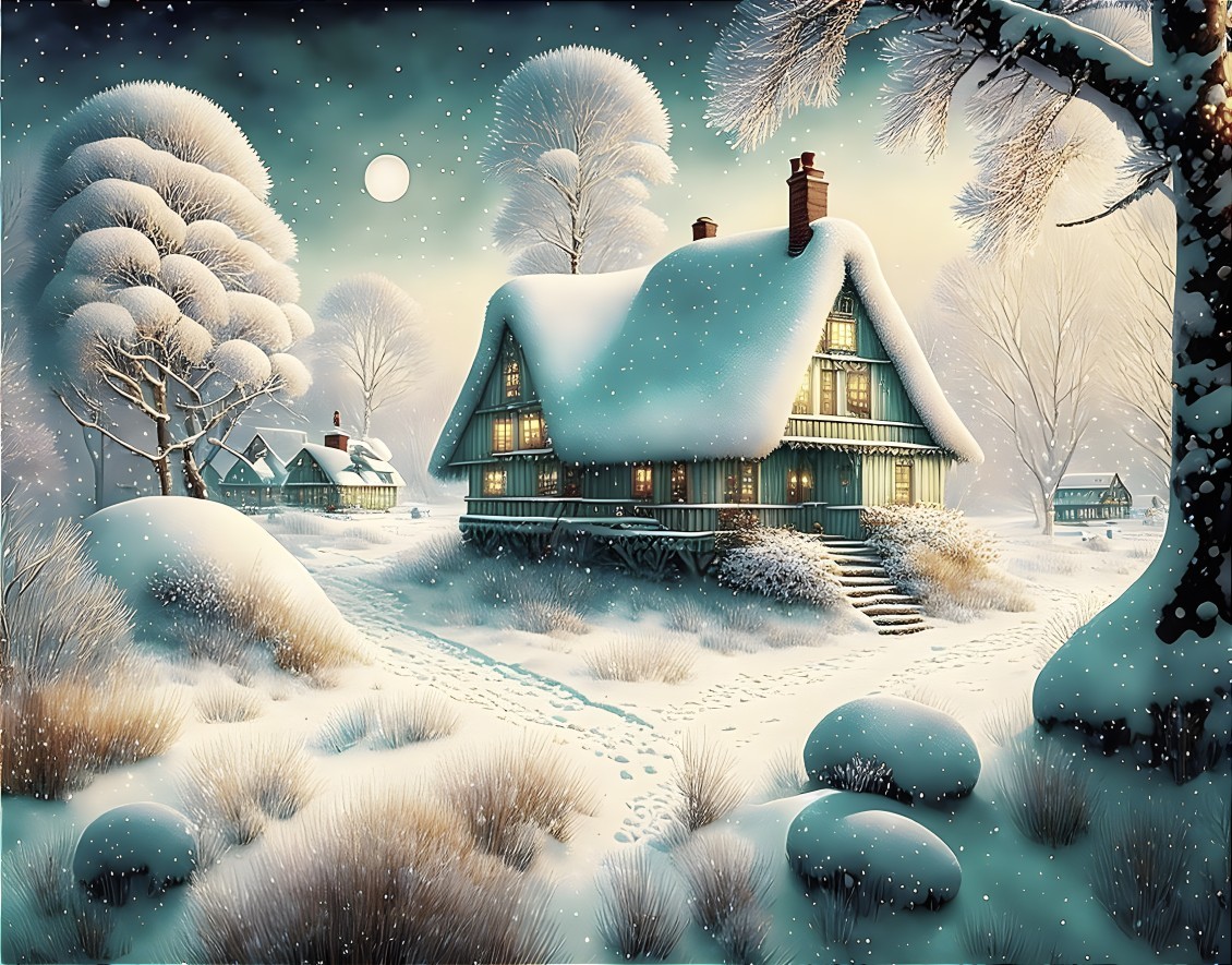 Serene Winter Village with Snow-Covered Cottages