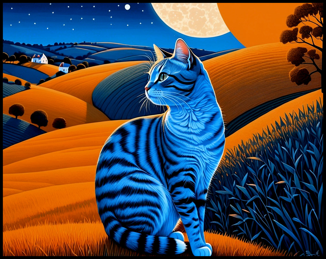 Blue Tabby Cat in Stylized Night Landscape Illustration