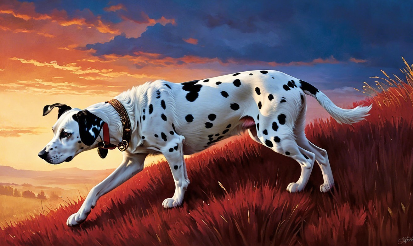 Dalmatian Walking on Grassy Hill at Sunset