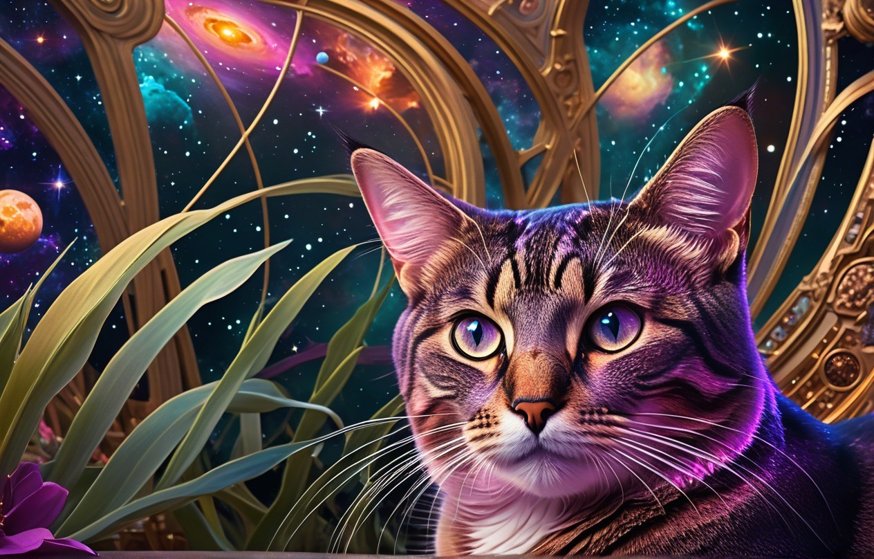 Tabby Cat with Green Eyes in Cosmic Scene