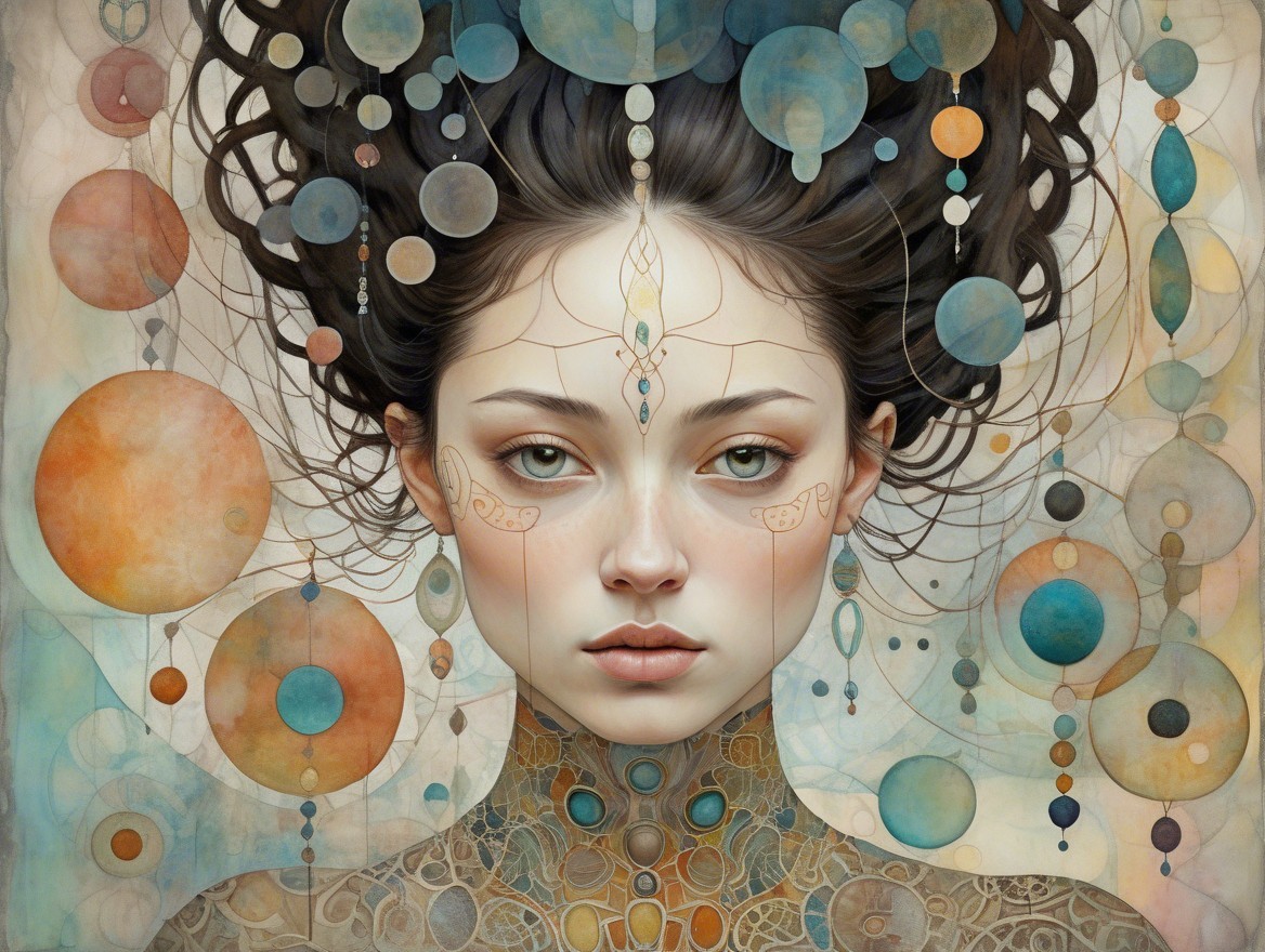 Ethereal Figure with Intricate Designs and Celestial Background