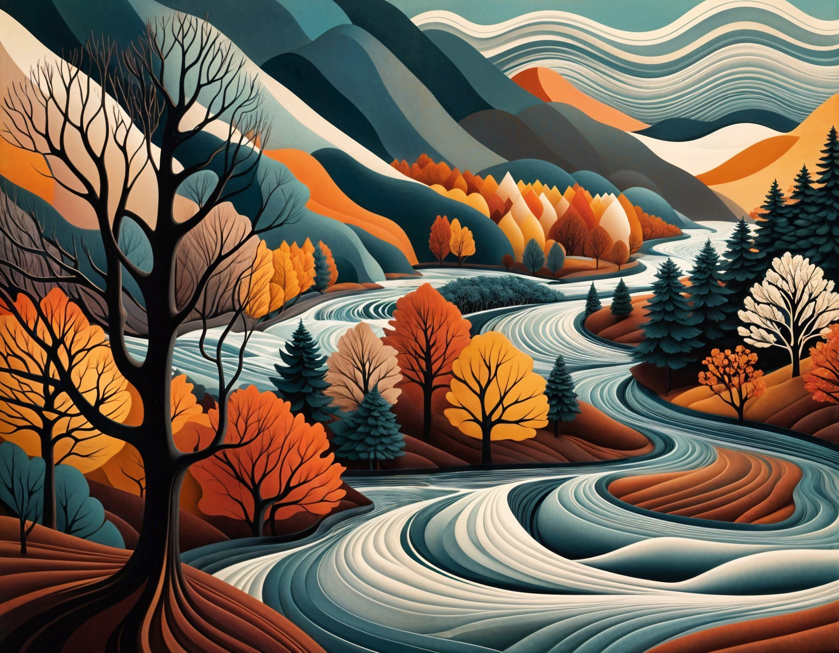 Vibrant Landscape with River and Majestic Mountains