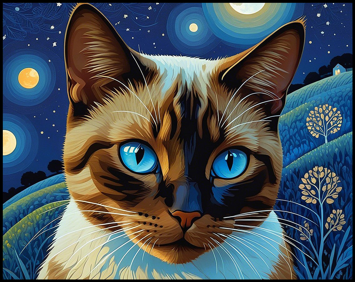 Stylized Cat with Blue Eyes in Starry Night Scene