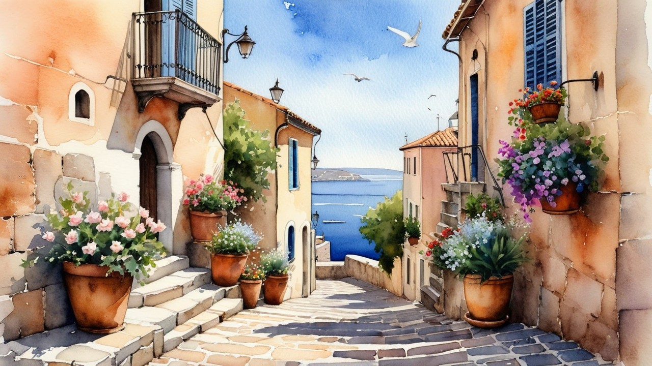Coastal Village Street with Colorful Flowers and Sea