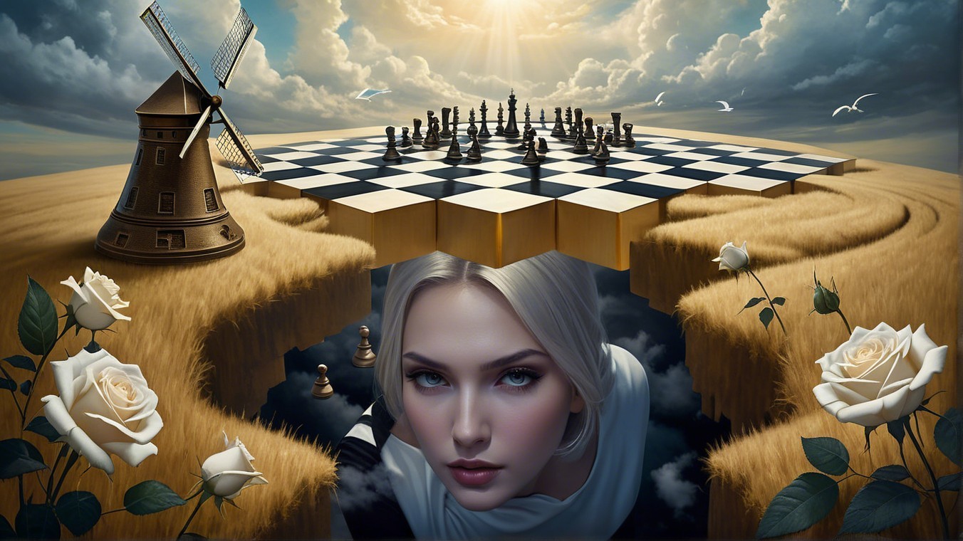 Surreal Landscape with Chessboard and Golden Field