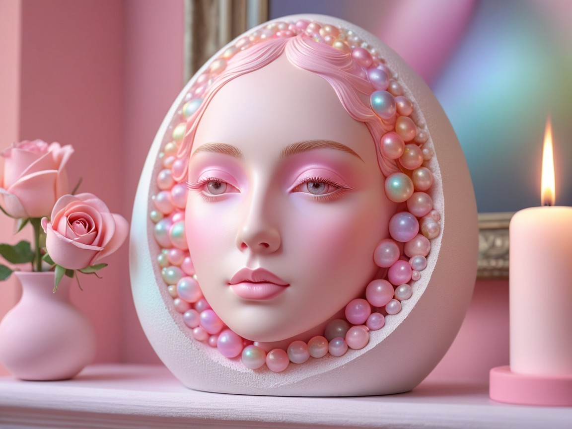 Stylized Oval-Faced Sculpture with Pink Hues and Roses