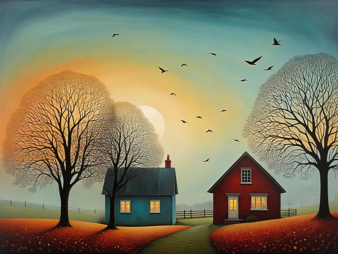 Serene Landscape with Cozy Houses at Sunset