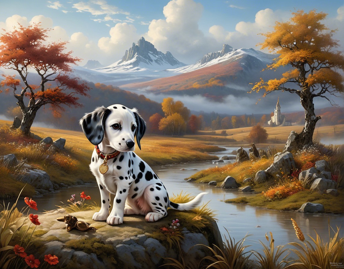 Dalmatian Puppy by River Amidst Autumn Foliage