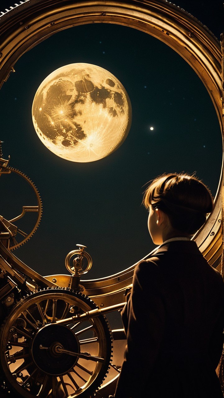 Child Observing Moon Through Steampunk Telescope
