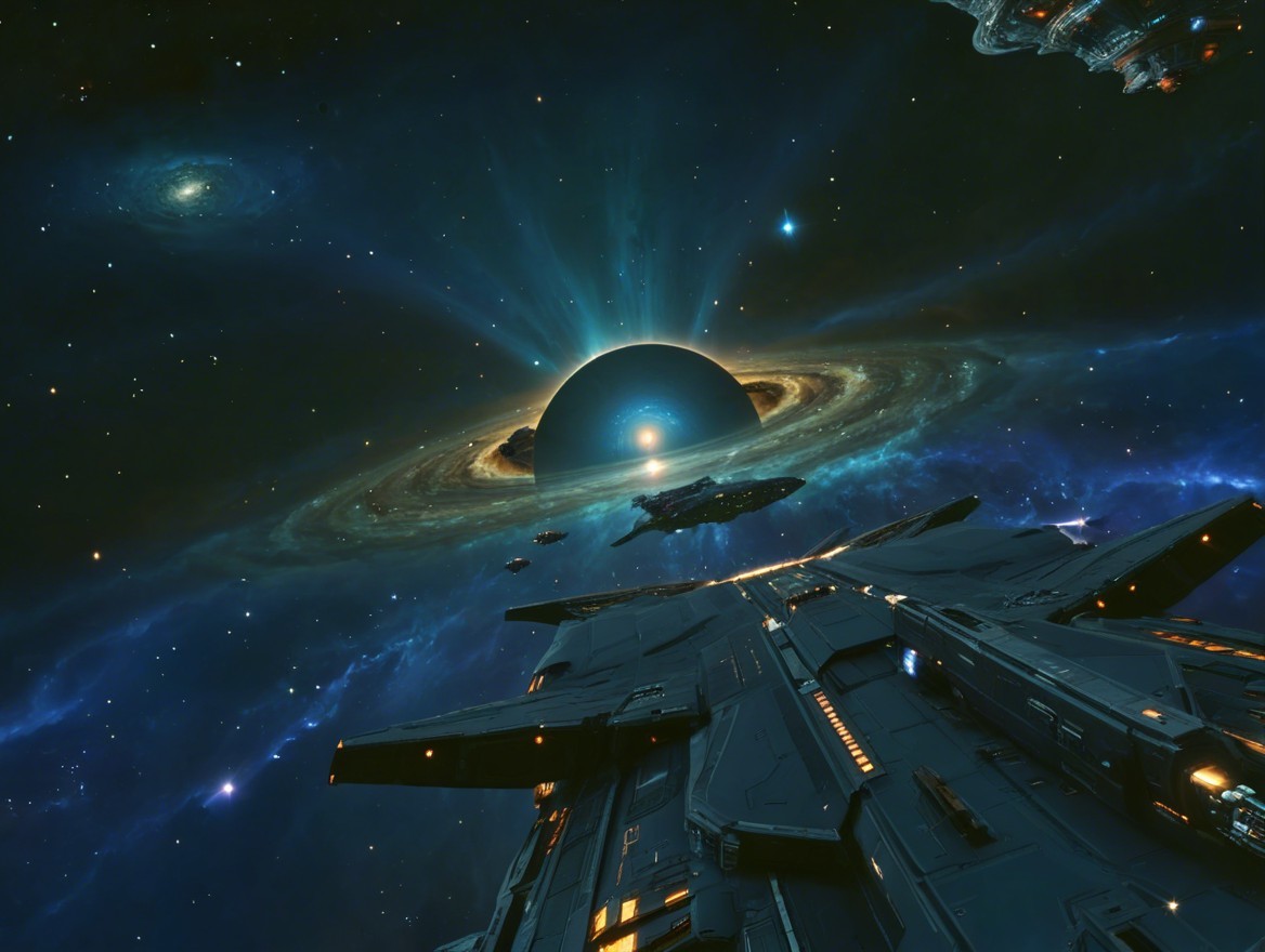 Cosmic Scene with Planet, Rings, and Spacecraft