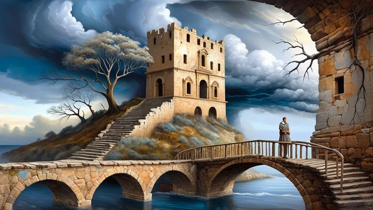 Surreal Landscape with Castle on Island and Turbulent Skies