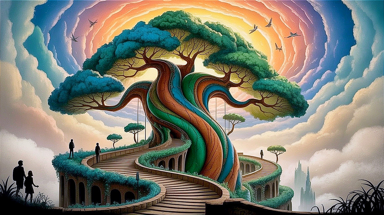 Vibrant Tree Under Colorful Swirling Sky Scene