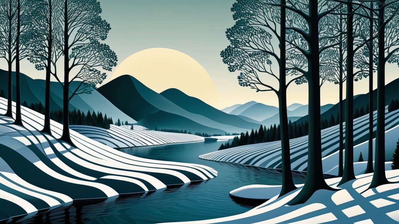 Serene Winter Landscape with Snowy Hills and Mountains