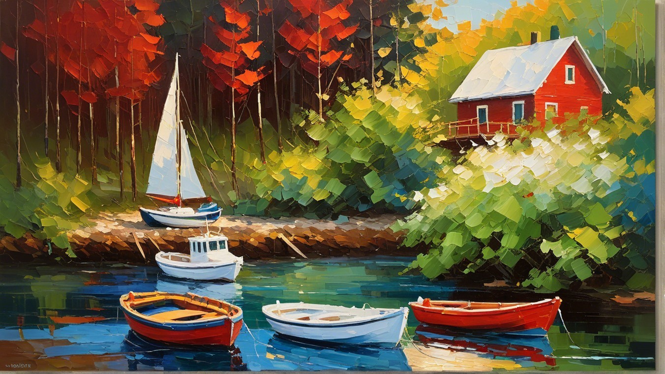 Vibrant Landscape with Boats and Autumn Foliage