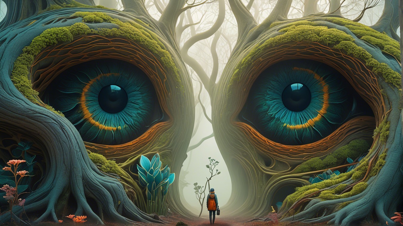 Surreal forest with giant trees and vibrant eyes
