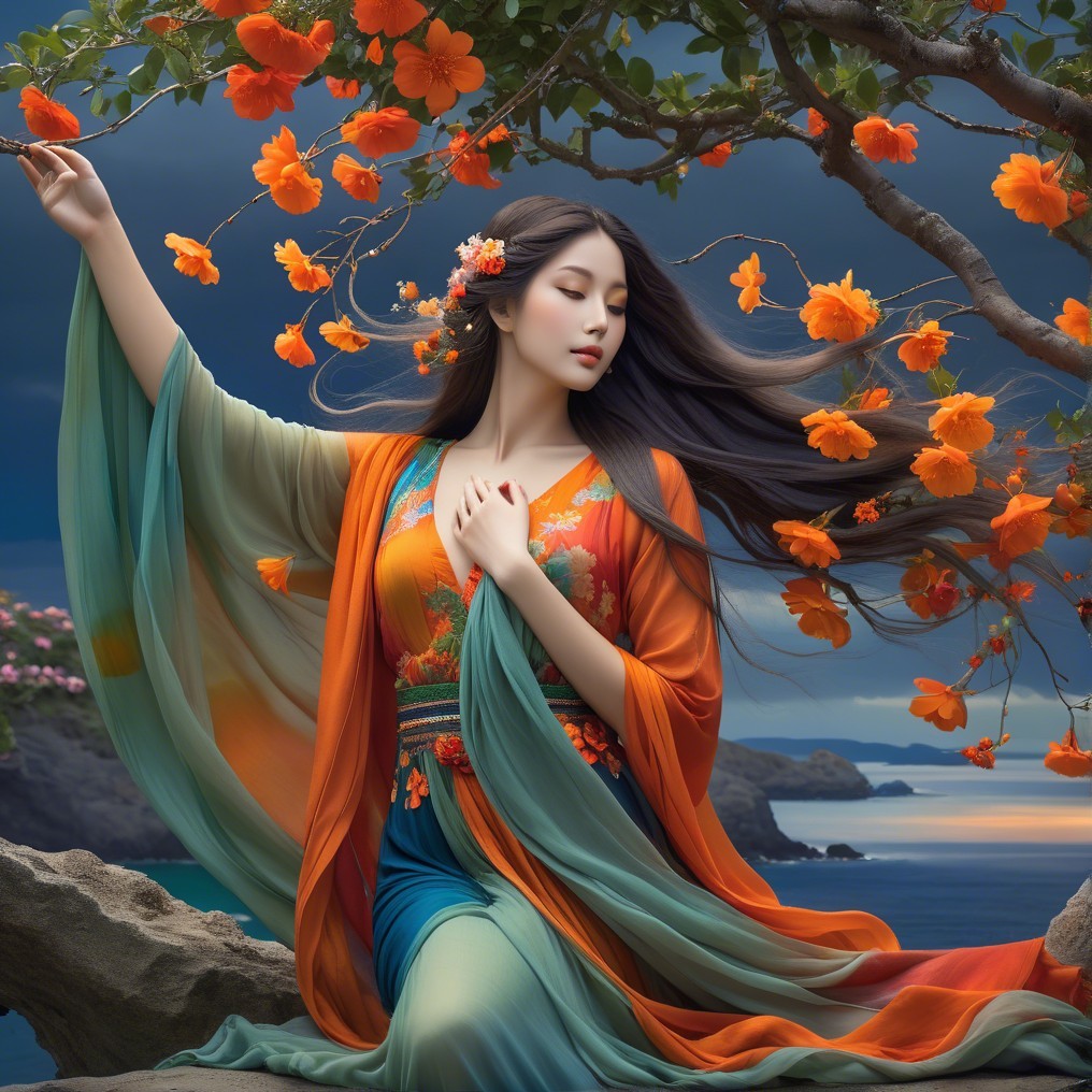 Serene figure in orange kimono among vibrant flowers