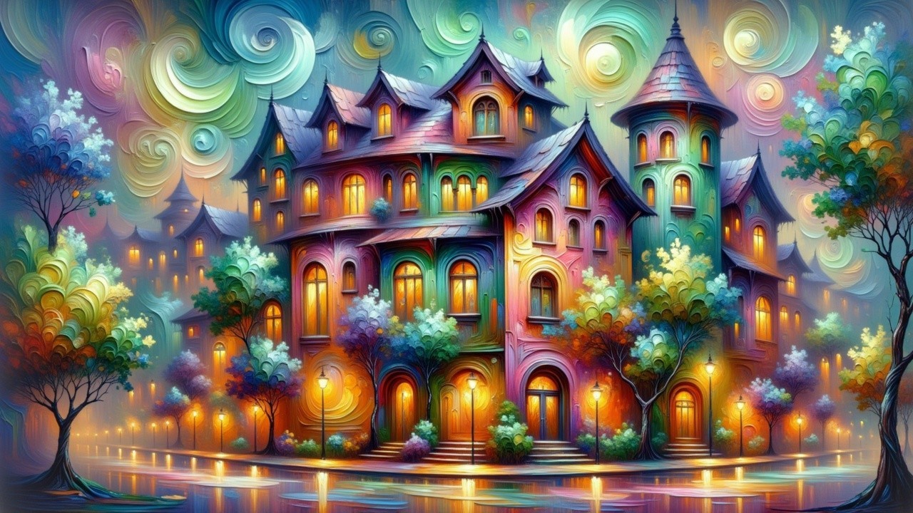 Whimsical Mansion Surrounded by Vibrant Landscape