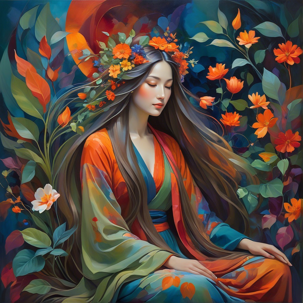 Serene Woman with Flower Crown in Colorful Blossoms