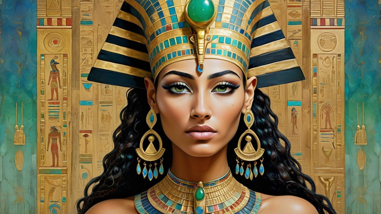 Regal Figure in Ancient Egyptian Attire and Jewelry