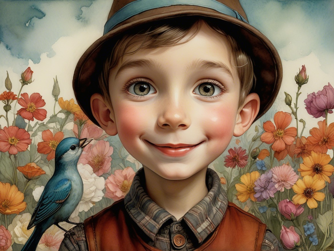Young Boy Smiling in Vibrant Flower Garden Scene