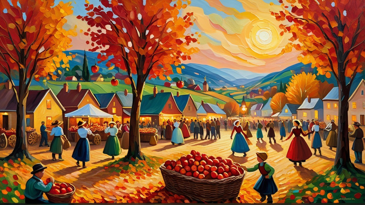 Autumn Village Festival with Colorful Trees and Stalls