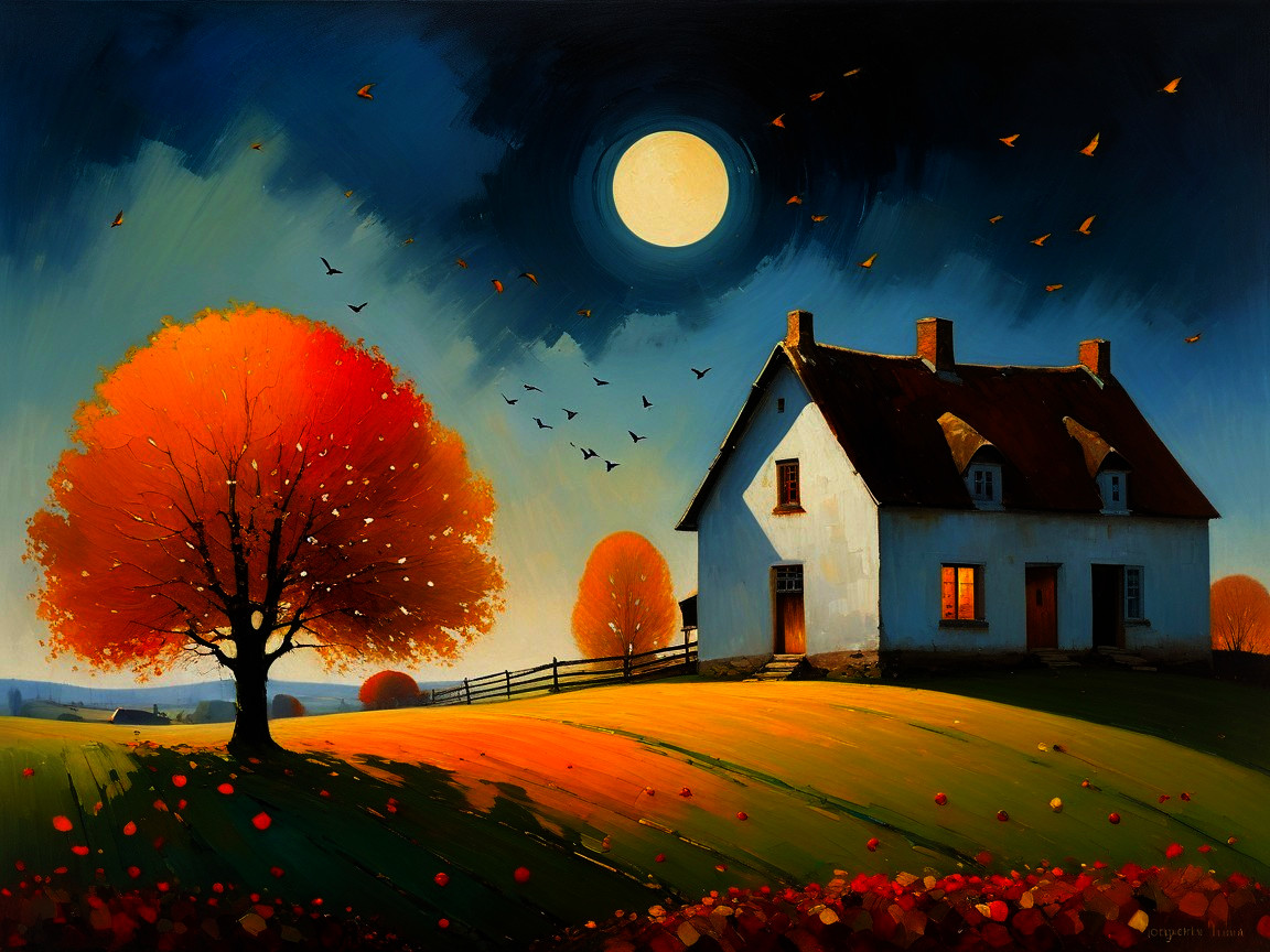 Serene Landscape with White House and Autumn Colors