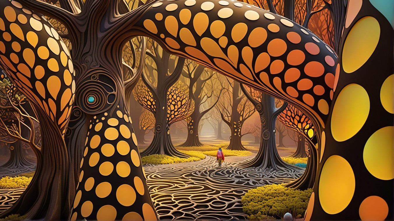 Surreal forest scene with vibrant colors and shapes
