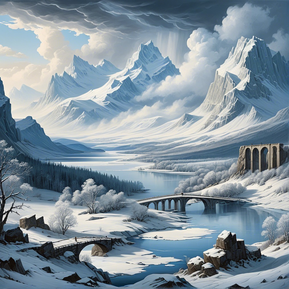 Winter Landscape with Snow-Capped Mountains and River