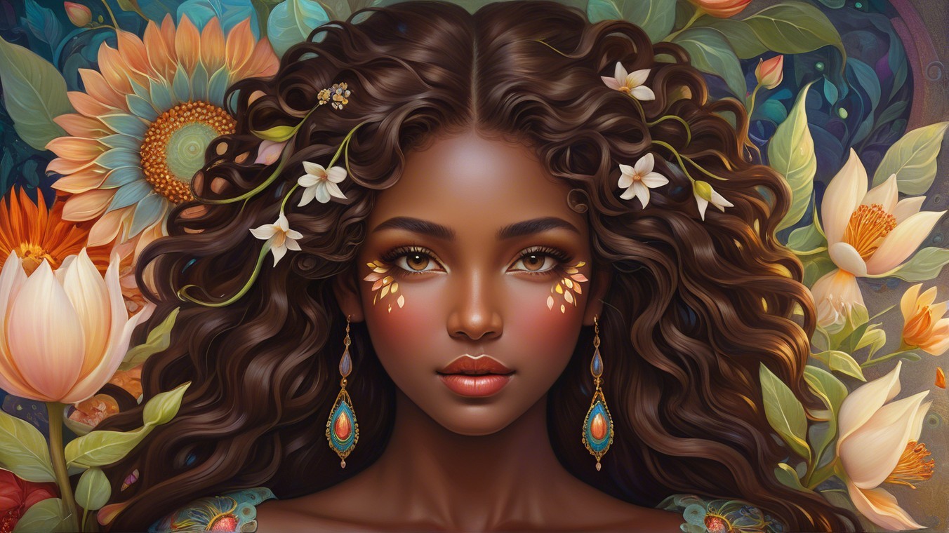 Woman with Curls and Floral Accents in Vibrant Setting