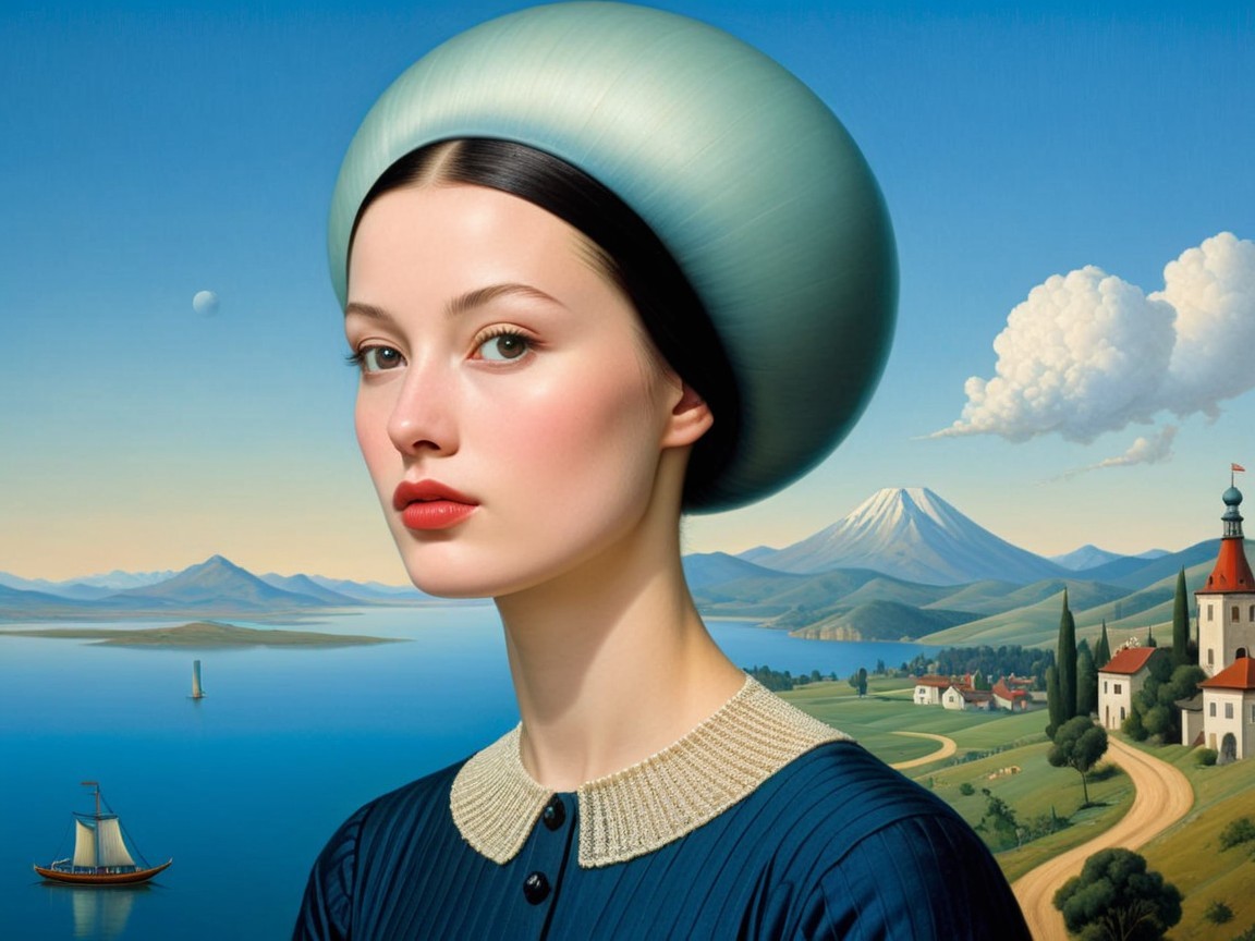 Portrait of a Young Woman in Blue Dress with Halo