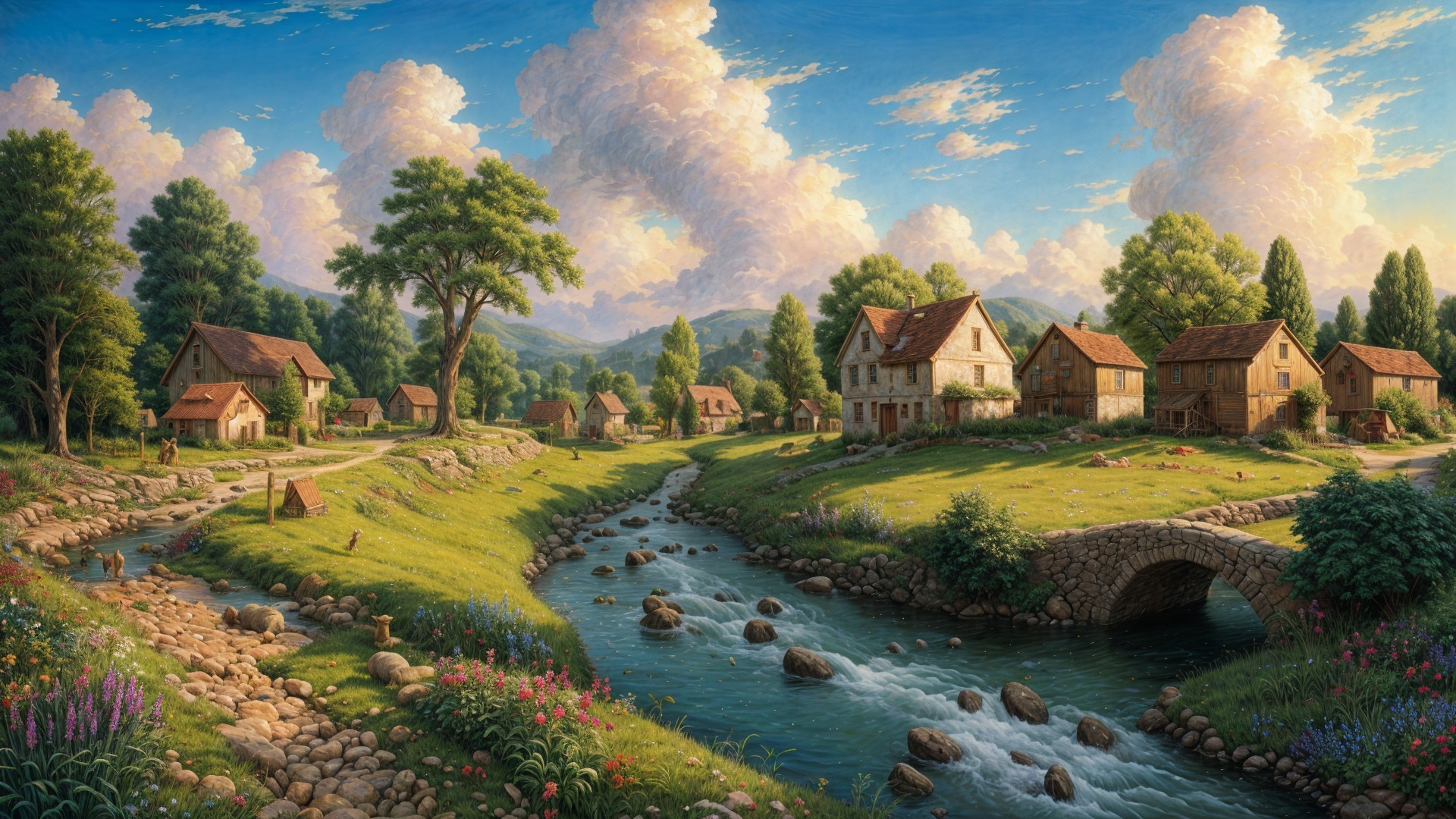 Serene Countryside with Cottages and River Landscape
