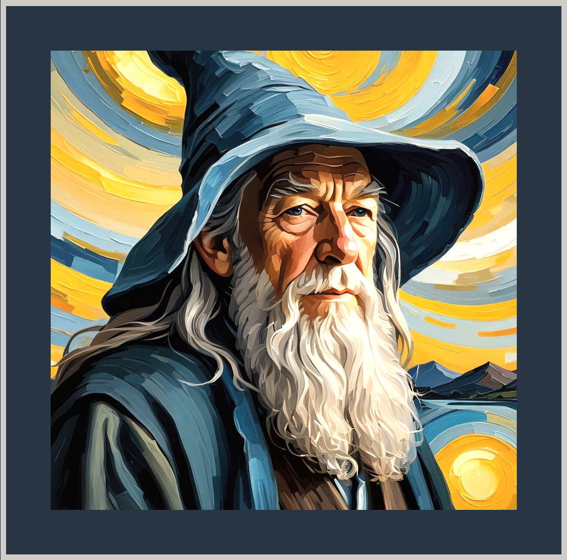 Elderly Wizard in Blue Hat Against Colorful Background