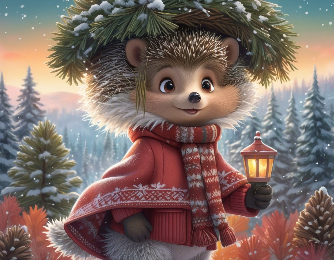 Hedgehog in Sweater with Lantern in Snowy Forest