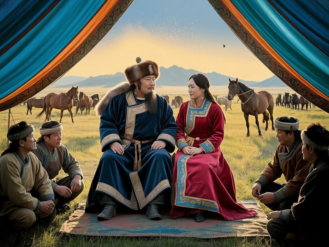 Regal Couple in Vibrant Tent Amid Serene Landscape