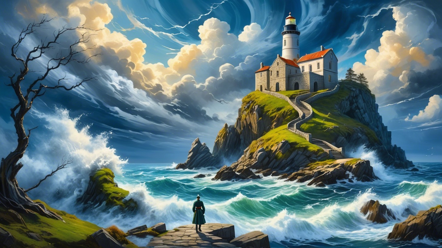 Vibrant Lighthouse Landscape with Dynamic Waves and Clouds