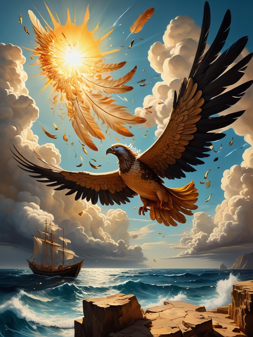 Eagle Soaring Over Dramatic Sky and Choppy Sea