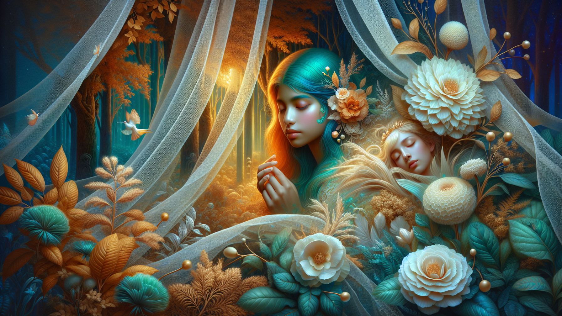 Ethereal Figures in a Dreamlike Lush Landscape