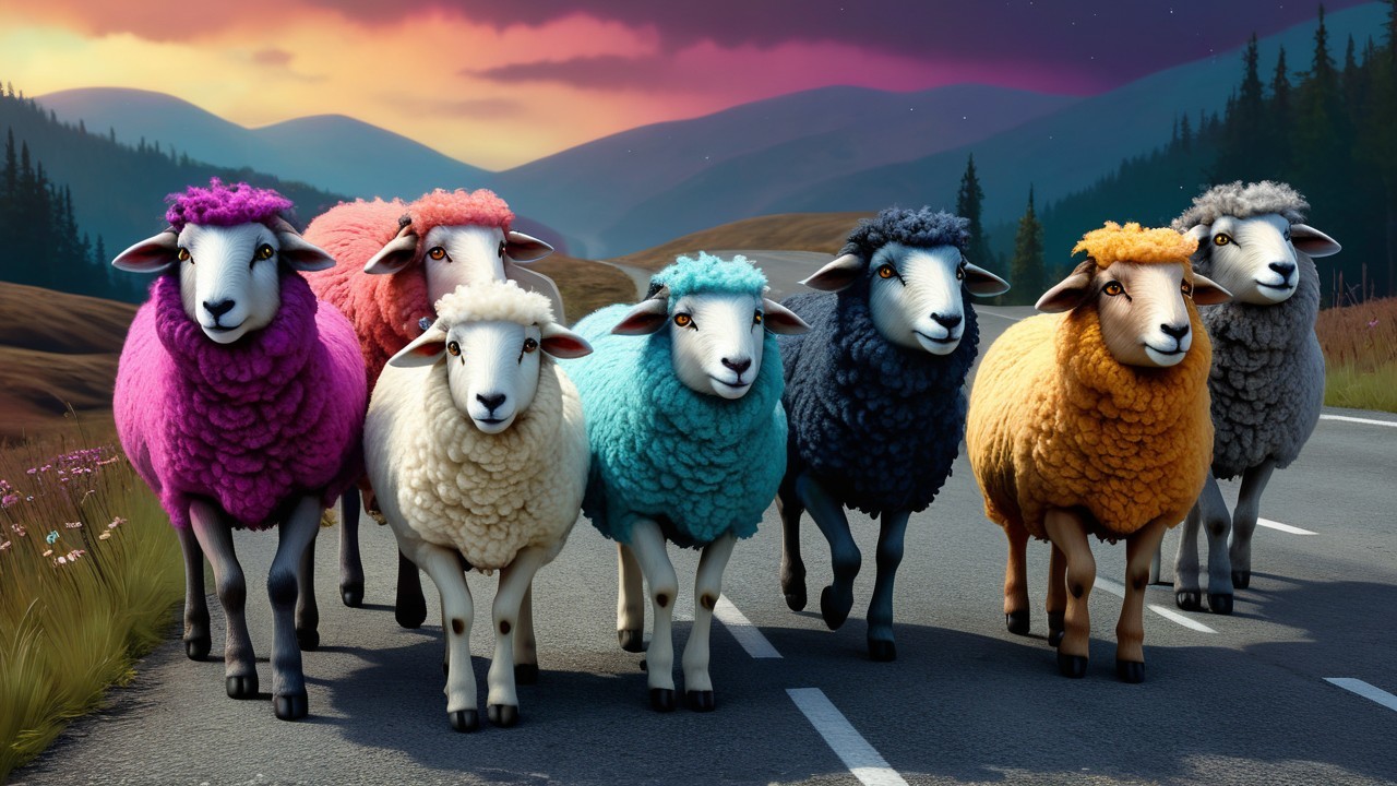 Colorful Sheep Walking on a Scenic Road at Sunset