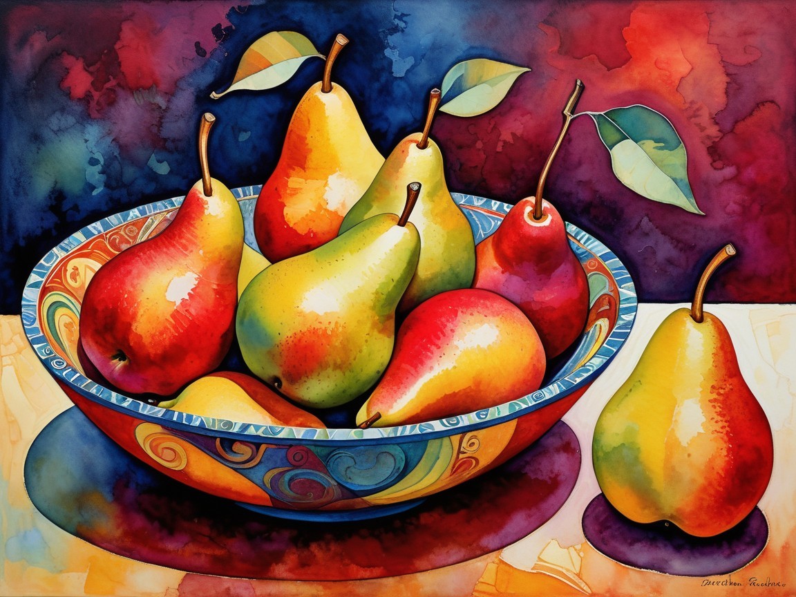 Vibrant Watercolor Painting of Colorful Pears in Bowl