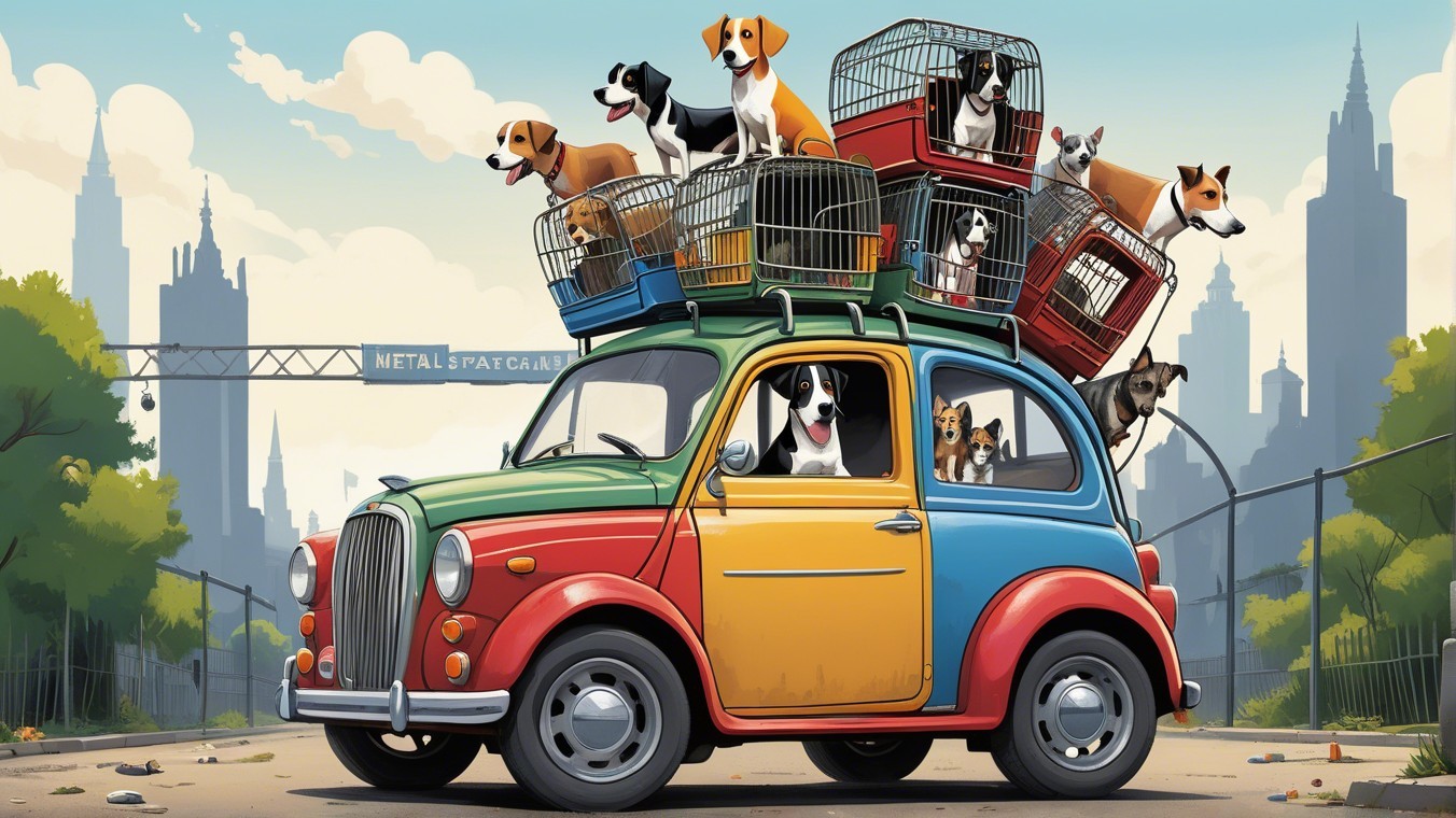 Colorful Vintage Car with Dog Cages in Urban Setting